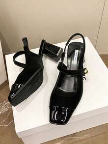 Sandali chiusi da donna taglie forti, stile Mary Jane con tacco chunky, adatti per abiti, ragazze adolescenti - nero - Visualizzare 4