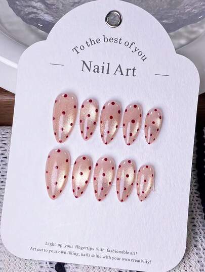 10-Piece Handcrafted Almond-Shaped False Nails In Pink Full-Shine Cat-Eye & Red Polka Dot Valentine's Day Design. Features Hand-Painted Pink Full-Shine Cat-Eye Finish Embellished With Red Polka Dots. These Elegant, Romantic And Minimalist Press-On Nails Are High-End, Sexy And Luxury Nail Art Patches. Suitable For Daily Wear, Dates, Concerts And Light Business Occasions, They Make An Excellent Gift For Women And Girls. Nail Supplies