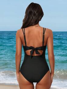 Maternity Black Ruffled V-Neck Sleeveless One-Piece Swimsuit, Stretchy Knit Fabric, Casual Elegant Short Style - Black - View 2