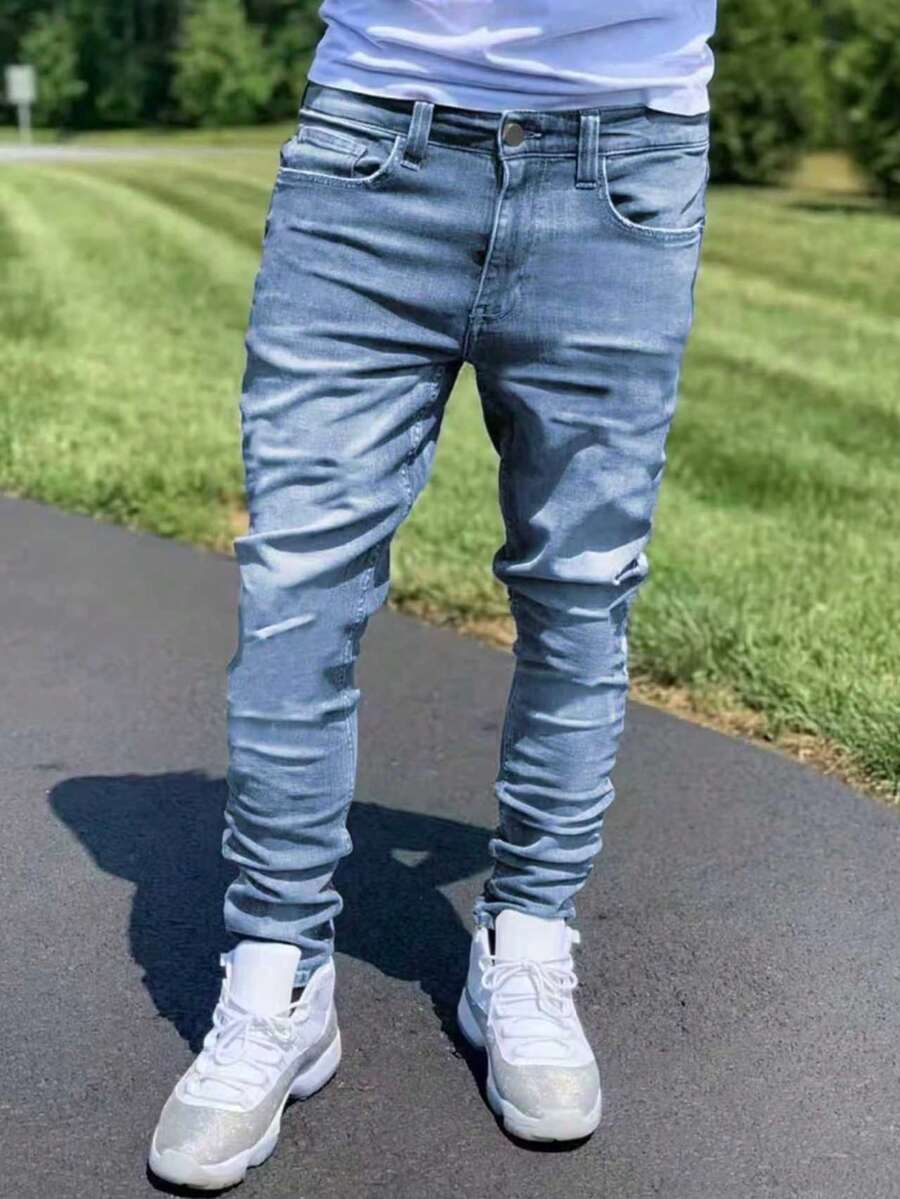 Teen Boy Black Jeans, Grey Elastic Slim Fit Casual Comfortable Denim Pants, Suitable As Gift For Teen Friends Party - 淺色水洗藍 - 查看 1