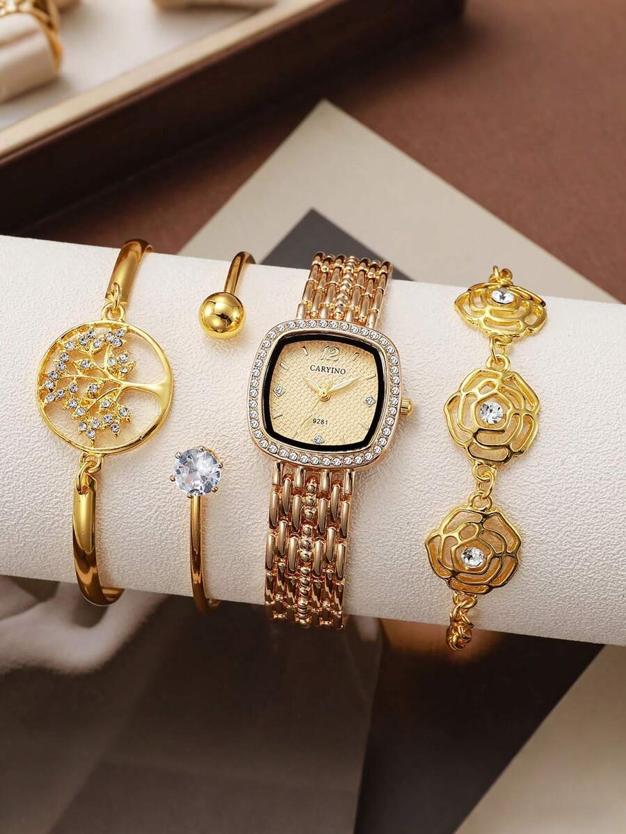 4pcs/Set"Women's Full Diamond Gold Watch & Tree Of Life Bracelet Set: Luxurious & Romantic Quartz Watch Combo For Valentine's Day Gifting" - Gold - View 1