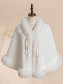 1pc Vintage Gentle Goddess Evening Gown Cloak Jacket, Faux Pearl Button & Furry Trim Collar, Versatile Warm Wrap Shawl, Suitable For Any Holiday Gift - A - View 6