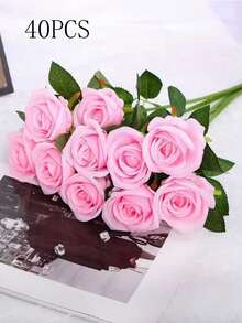 40 piezas Ramo artificial de rosas, flores falsas de seda, rosas de tallo largo realistas, adecuadas para decoración de bodas, centro de mesa para despedida de soltera, arreglo floral, decoración de mesa para fiestas, Día de San Valentín, cumpleaños, aniversario - Rosa - Ver 7