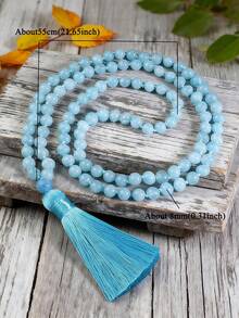 Dây chuyền cầu nguyện Mala đá Aquamarine 8mm: 108 hạt đá tự nhiên, kiểu dáng thắt nút, tua rua dài, trang sức yoga thiền định phong cách Boho dành cho nam và nữ. - Màu xanh nhạt - Xem 4