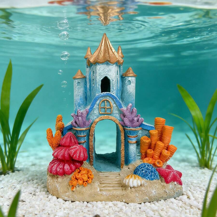 1pc Medieval Castle Aquarium Decor With Fish Hideaway - Resin Aquarium Ornament Suitable For Freshwater/Saltwater Tanks - Underwater Habitat Decoration For Fish, Shrimp, Turtles - Magical Underwater Scene, For Fish Tank, Fairy Tale Theme, Handmade Craft, Photography Prop, Home Decor Figurine - A - View 1