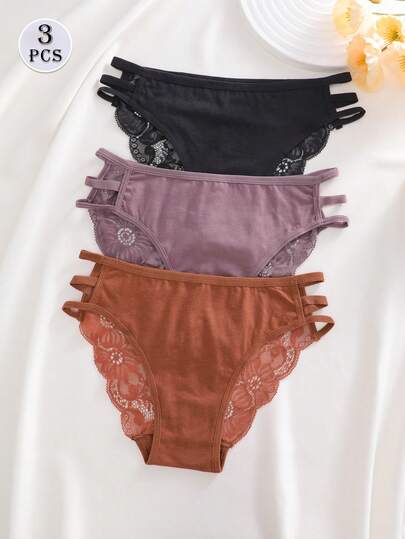 3件套纯色蕾丝拼接细肩带镂空性感浪漫女士内裤