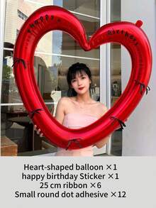 一套心形气球，带丝带装饰，生日派对装饰气球，适用于婴儿派对、结婚纪念日、儿童生日、新生儿一周岁生日、蛋糕装饰气球、生日快乐贴纸（33.5 x 33.5 英寸）