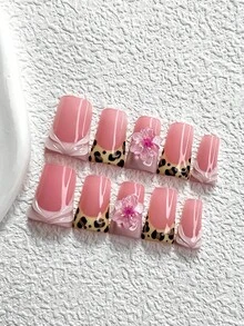 10pcs Pink French Minimalist Style Nail Stickers, Leopard Print Pattern, Delicate Pink Flower Nail Art Decor, Pink Gel Manicure, 3 Sizes Available: Almond, Duck Mouth, Coffin Shape, Includes Nail Tools (1 Jelly Sticker + 1 Nail File), Suitable For Parties, Autumn/Winter, Gatherings, Daily Wear Nails Nail Supplies - Nhiều màu - Xem 11