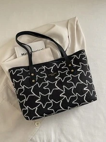 1 chiếc túi xách nữ màu đen bằng vải nylon, khóa kéo trơn, đính đinh tán và họa tiết ngôi sao thêu trang trí, thời trang, đa năng, màu trơn, tối giản, cá tính, thích hợp cho sử dụng hàng ngày của phái nữ. - màu đen - Xem 8