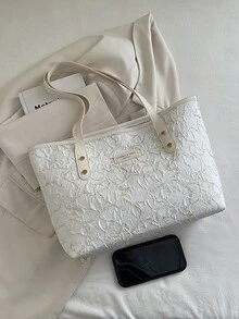 1 chiếc túi xách nữ màu trắng bằng vải nylon, khóa kéo trơn, đính đinh tán và họa tiết ngôi sao thêu trang trí, thời trang, đa năng, màu trơn, tối giản, cá tính, thích hợp cho sử dụng hàng ngày của phái nữ. - trắng - Xem 9