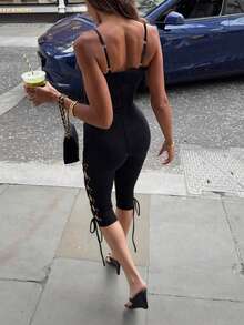 WOWDARK 女士夏季连体裤，黑色时尚U领抽绳腰身修身休闲连体裤，适合狂欢节、约会、聚会、派对、旅行、度假、海滩等各种场合，优雅时尚。 - 黑色 - 查看 4