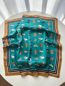 1pc New Cute Dog Print 65*65cm Faux Silk Square Scarf, Versatile For Headwrap, Neckwear, Outdoor Sports, Riding, Shopping, Date Matching - Mint Blue - View 3