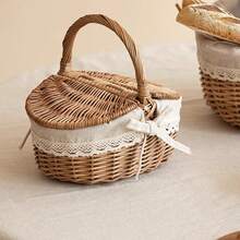 Wicker Picnic Basket With Lid, Vintage French Country Style Rattan Storage Basket, Lace Bow Decor, Outdoor Camping, Beach, Park, Garden Party Photography Prop, Home Storage Gift - Multicolor - View 4