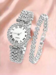 2 piezas Reloj de mujer de moda casual con esfera de números romanos y diamantes completos, con set de accesorios de joyería que incluye pulsera con strass, regalo de fiesta, boda, playa, vacaciones o San Valentín