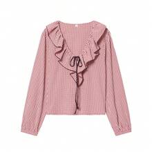 Blusa casual colegial con mangas largas, volantes/flecos y lazo delantero a cuadros para mujer - Rojo - Ver 3