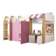 Children's Cabin Bed 90x200, With Open Storage Space And Ladder, Mid-Height Bunk Bed In Solid Wood (Without Mattress), White, Pink And Wood Colour. - 白色+粉紅色+木 - 查看 6