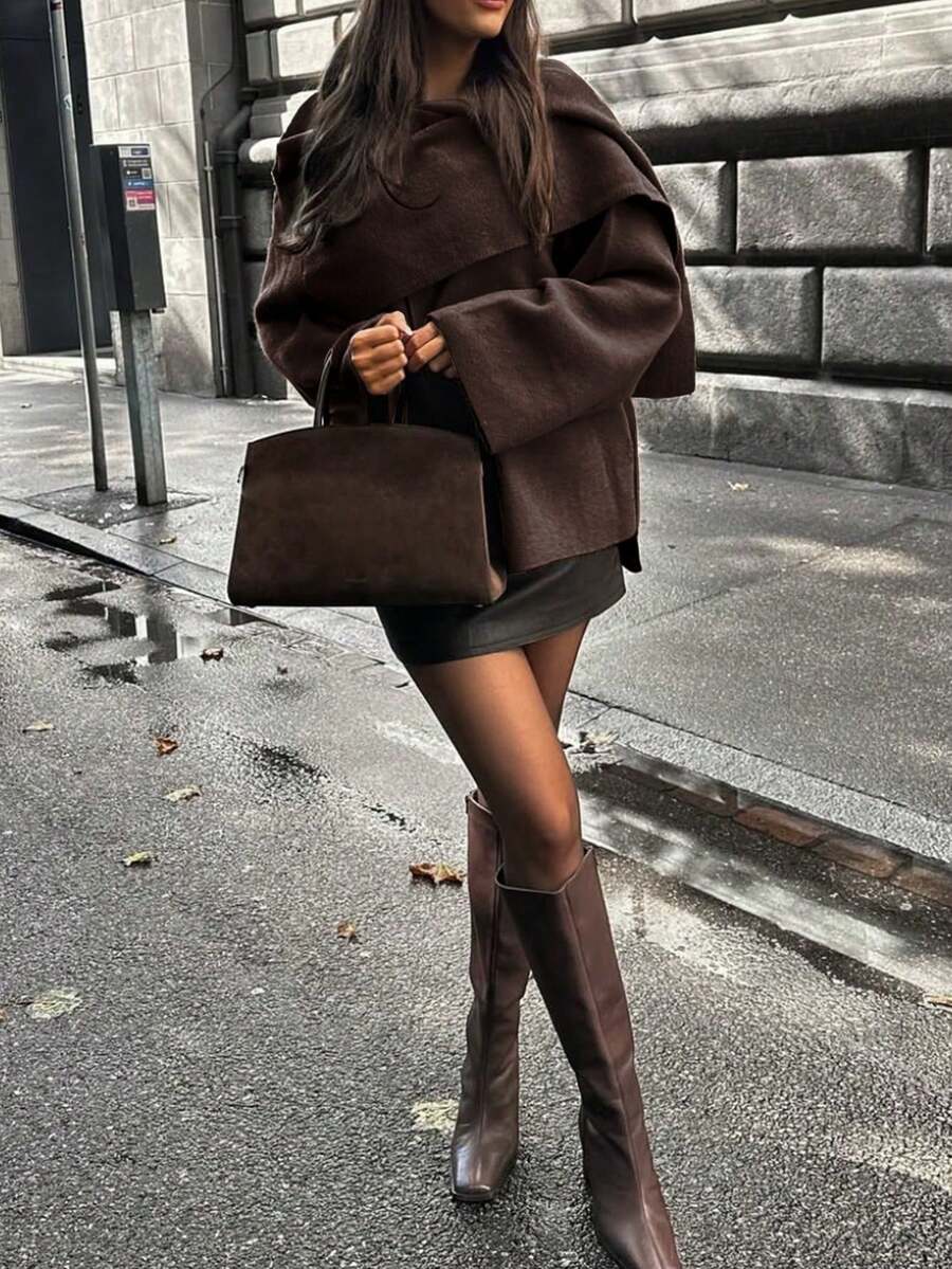 女款不對稱大廓形休閒針織開襟毛衣 秋季 - 咖啡棕 - 查看 1