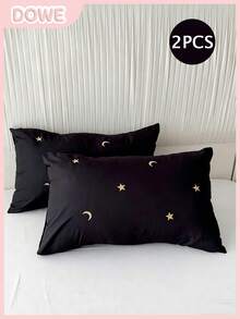 2pcs Black Envelope Pillowcase With Embroidered Star And Moon Design - Black - View 13