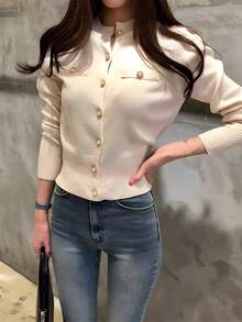 Cárdigan de manga larga para mujer, jersey de punto, chaqueta corta informal de un solo pecho, tops de mujer de moda Slim - Albaricoque - Ver 3