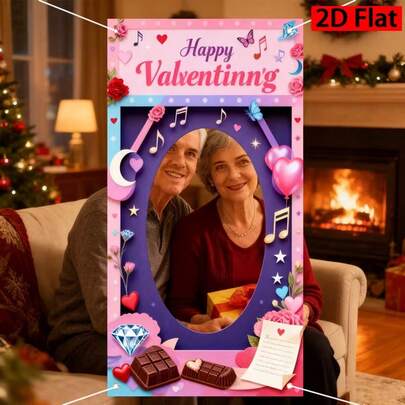 1个情人节主题相框，包含玫瑰、爱心、巧克力、钻石、音符和蝴蝶图案，可用作拍照背景道具、节日装饰或浪漫节日背景。