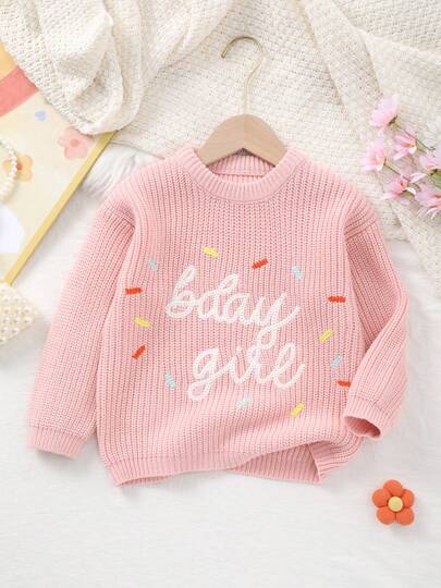 Girls' Sweet Mori Style Round Neck "BDAY GIFT" Embroidered Knit Pullover Sweater, Adorable & Sweet, Suitable For Casual Wear, Cozy & Comfortable, High Visibility, Autumn/Winter