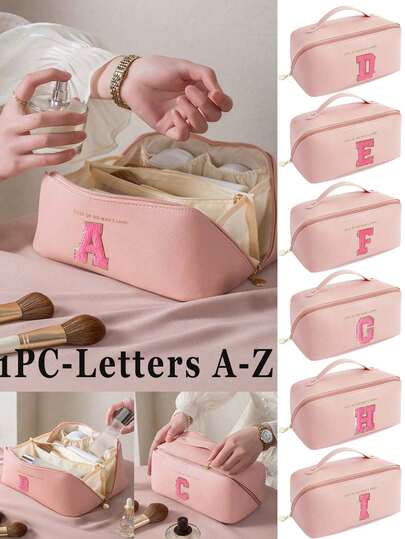 1pc Portable Waterproof Makeup Bag, Large Capacity Makeup Bag, Letter Printed Makeup Bag, Multi-Functional Travel Makeup Bag, PU Leather Cosmetic Bag, Bathroom Toiletry Bag, Travel Toiletry Bag, Travel Organizer Bag, Ladies Toiletry Bag, Lightweight Zipper Makeup Bag, Cosmetic Storage Organizer Bag, Large Capacity Double Layer Makeup Bag (With Divider), Christmas, Halloween, Thanksgiving Gift, Mother's Day Gift