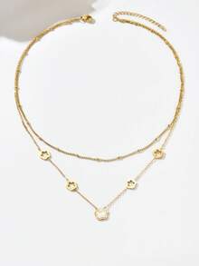 1pc Stainless Steel Clover Pendant Necklace, Double Layer Pearl Chain Necklace, Fashionable Stainless Steel Five-Leaf Flower Necklace, Suitable For Women's Daily Wear Or Gift, Fashionable Stainless Steel Sexy Collarbone Chain Accessory - Gold - View 3