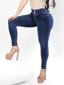 Quần jeans nữ cạp cao, co giãn tốt, có cúc cài, kiểu dáng yoga, màu trơn, thích hợp mặc thường ngày. - Màu xanh đậm - Xem 5