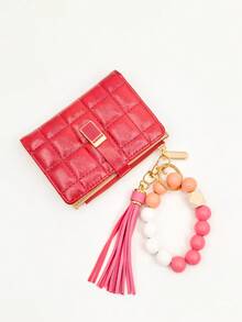 2026 New Kids Beaded Handheld Wallet, Checkered Snap Closure Multi-Functional Wallet Card Holder Zipper Coin Purse - Multicolor - View 17