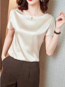 女士优雅梭织面料短袖船领落肩上衣，常规长度，适合日常穿着