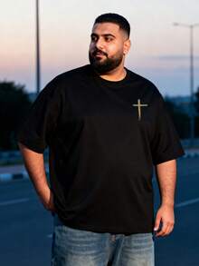 男士加大码印花T恤，十字字母印花，黑色印花T恤，街头风服装 - 黑色 - 查看 2