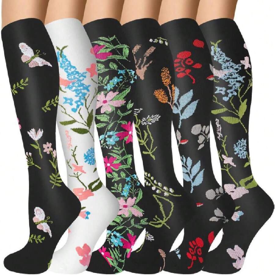 6 Pairs Compression Socks For Women Men 20-30hg Graduated Support Knee High Socks For Nurse Travel Flight,36065343 - màu đen - Xem 1