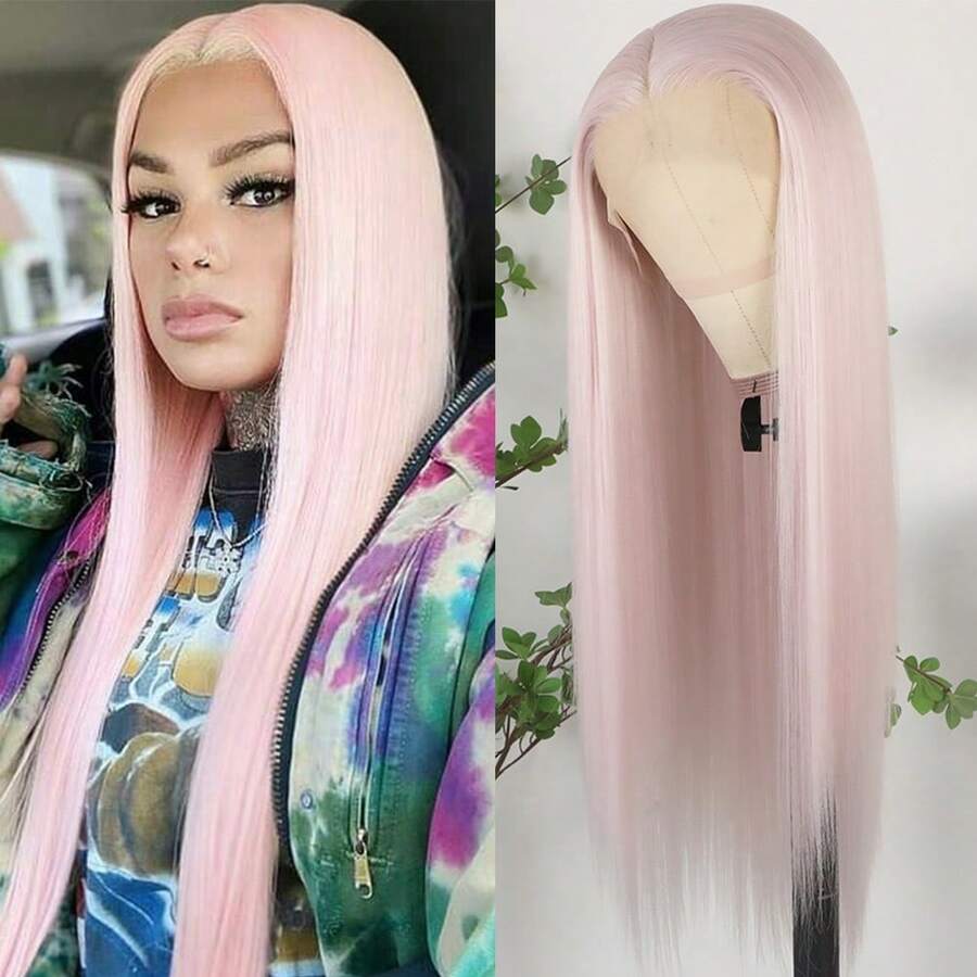 13X6 Platinum White Synthetic Lace Front Wigs 28 Inch Pre Plucked Long Straight Hair Wigs Glueless White Wigs Heat Resistant Fiber Hair Natural Halloween Wigs Platinum Blonde Lace Front Wigs For Women For Daily Christmas Party Cosplay Use - Ice Pink - 查看 1