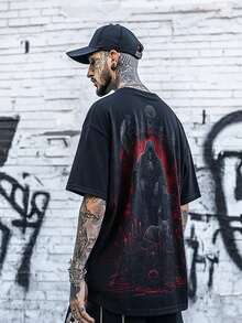 男士街头时尚暗黑哥特朋克风印花T恤，都市街头服饰，前卫短袖上衣 - 黑色 - 查看 2