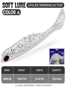 TACKLEPIONEER 12个T型尾软饵，7厘米/2.9克（2.76英寸*0.1盎司），仿生PVC钓鱼饵，带3D眼睛 | 偏置曲柄钩铅头钓组 - 慢沉，防咬设计，逼真泳姿，多种颜色可选，适用于鲈鱼、河鲈和海鲈。 - 彩色 - 查看 14