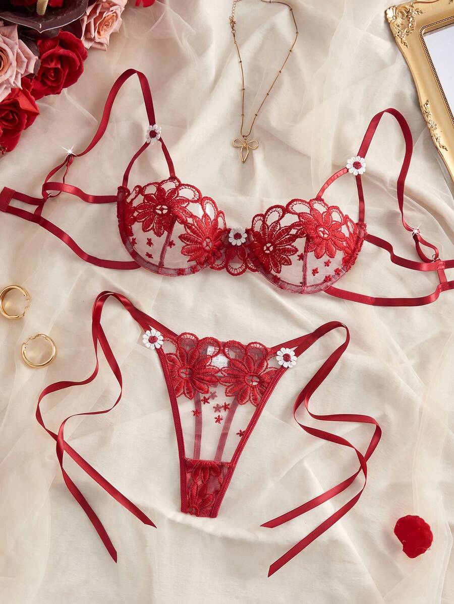 Style Dream Women's Sexy Lingerie Set, Burgundy Bra & Panty Set With Floral Embroidery, Sheer Mesh, Sweet & Romantic Vibe - Burgundy - View 1