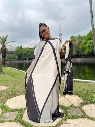 1 Conjunto de bata y bufanda estampadas para mujer, bata de estilo kaftan elegante, ideal para viajes, playa y vacaciones