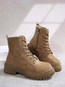 卡其色系带短靴，侧拉链装饰，亮面短筒机车靴，时尚优雅，适合办公室、学校、秋冬季穿着。 - 卡其色 - 查看 6