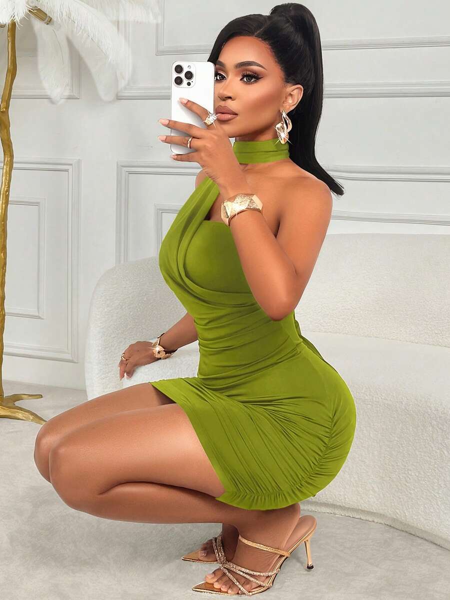 Amarilo Women's Mocha Backless Dress - Asymmetric Sequin Sleeve, Suitable For Commuting, Work, Vacation, Beach, Hawaii, Music Festivals, Parties And Other Occasions - Green - View 1