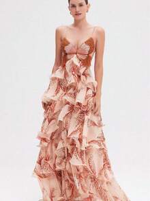 Ladies' Fashionable Long Dress With Multiple Layers Of Ruffled Edges, Butterfly Contrasting Color Straps, Off Shoulder Elegant Temperament Dress - 彩色 - 查看 8