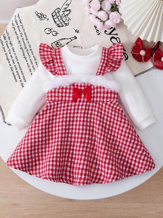 Babyflickors moderiktiga, avslappnade, söta och varma set, enfärgad sammets-t-shirt + rutig ullklänning i pinafore-tyg