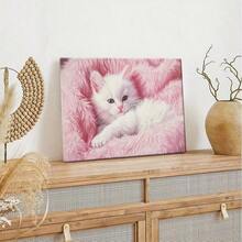 White Cat Mural On Pink Plush Cloth - Canvas Wood Frame, High Quality Vibrant Colors, Decorative Style Wall Decor For Living Room, Bedroom, Office - Perfect Gift For Cat Lovers, Cat Decor, Bedroom Wall Art, Lively Kitten Art, Ready To Hang - 白色 - 查看 5