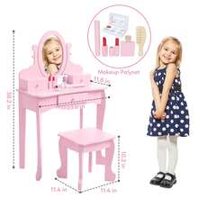 Juego de Cambiador para Niñas con Espejo Ajustable, Mesa y Silla de Madera con Juego de Maquillaje para Juego de Rol - Rosa - Ver 2