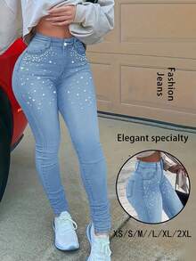 Women 's Jeans, Y2K Style Women' S Wear, Ladies' Sexy Waist Hit Tight Jeans, Paired With Pearl Decorations, All Season, With Pocket Design, Suitable For Going Out, Cocktail Party, Party, Christmas, Nightclub, Banquet, Film Festival, Cinema, Dance Party, Cocktail Party, Bar, Wedding, Graduation Ceremony, Back-To-School, Birthday Party, Rebellious Girl, Festival-Themed Party, Outwear, Street Fashion, Fashion Show, Date, Easter, Mother's Day, Going Out To Work At University, School, Village, Concert, Street Girl, Young Girl, Country Outfits For Women, Best Outwear For Women, Ladies' Vacation Clothing, Country Concert Outfit, Country Outfits For Women, Streetwear, Concert Outfit For Women, Boho Women's Clothing, Country Concert Outfit, Concert Outfits, Vaquera Outfit, Y2K Clothes, Women's Club Outfits, Y2K Women's Clothes, Women's Clothing, Country Concert Outfit For Women - 淺色水洗藍 - 查看 1