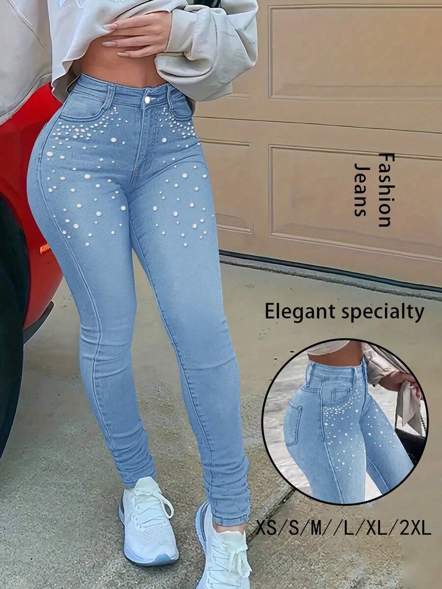 Women 's Jeans, Y2K Style Women' S Wear, Ladies' Sexy Waist Hit Tight Jeans, Paired With Pearl Decorations, All Season, With Pocket Design, Suitable For Going Out, Cocktail Party, Party, Christmas, Nightclub, Banquet, Film Festival, Cinema, Dance Party, Cocktail Party, Bar, Wedding, Graduation Ceremony, Back-To-School, Birthday Party, Rebellious Girl, Festival-Themed Party, Outwear, Street Fashion, Fashion Show, Date, Easter, Mother's Day, Going Out To Work At University, School, Village, Concert, Street Girl, Young Girl, Country Outfits For Women, Best Outwear For Women, Ladies' Vacation Clothing, Country Concert Outfit, Country Outfits For Women, Streetwear, Concert Outfit For Women, Boho Women's Clothing, Country Concert Outfit, Concert Outfits, Vaquera Outfit, Y2K Clothes, Women's Club Outfits, Y2K Women's Clothes, Women's Clothing, Country Concert Outfit For Women - 淺色水洗藍 - 查看 1