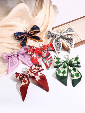 5 piezas Llavero con colgante de lazo de cinta de satén de moda, adecuado para mujeres, Navidad y uso diario