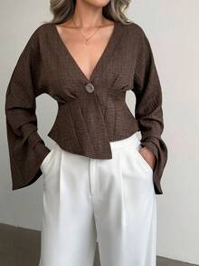 不对称搭扣喇叭袖休闲优雅女式衬衫，适合日常穿着、外出、通勤等夏季场合。 - 鏽棕色 - 查看 6