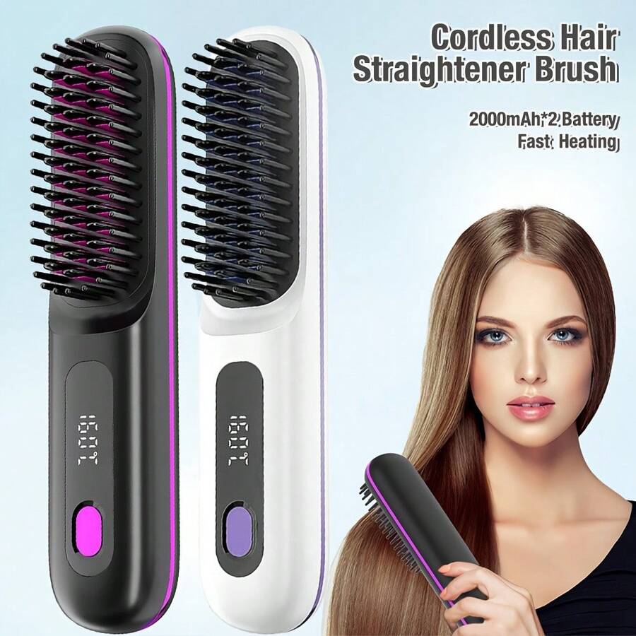 2025 New Hair Straightener Brush - Cordless Hair Straightening,Compact & Travel-Friendly With LED Display Anti-Scald Mini Hot Straightening Comb For Women - 黑色 - 查看 1