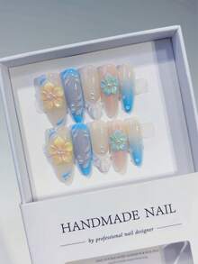 10pcs Handmade Elegant Nude Almond-Shaped French Manicure Nail Stickers, Blue Ombre French Pointed Tips, Shell Pattern, 3D Floral, White Pearl, Nail Art Supplies, DIY Nail Stickers, Nail Art, Acrylic False Nails; Suitable For Parties, Daily Wear, Weddings; Great Gift For Girls And Women; Includes 1pc Jelly Gel And 1pc Mini Nail File. - Pink - View 3