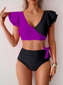 Women Ruffle High Waisted Swimsuit Two Piece V Neck Swimsuit Push Up Bathing Suit - Purple - View 1